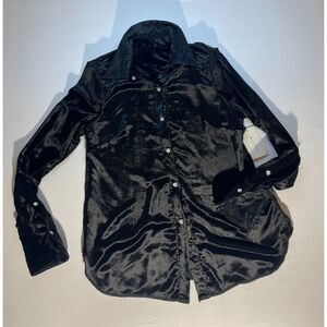 Ears of Buddha Black Velvet Satin Lace Pearl Button Blouse Size Small